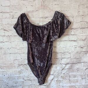 Altar'd State Velvet Ruffle Bodysuit in Gray